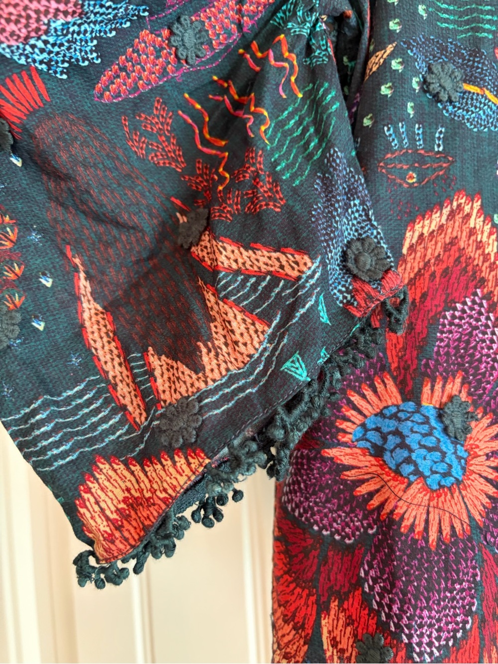 Farm Rio NWT Teal River Creatures Puff Sleeve Blouse Floral Embroidered Size S - Picture 6 of 15